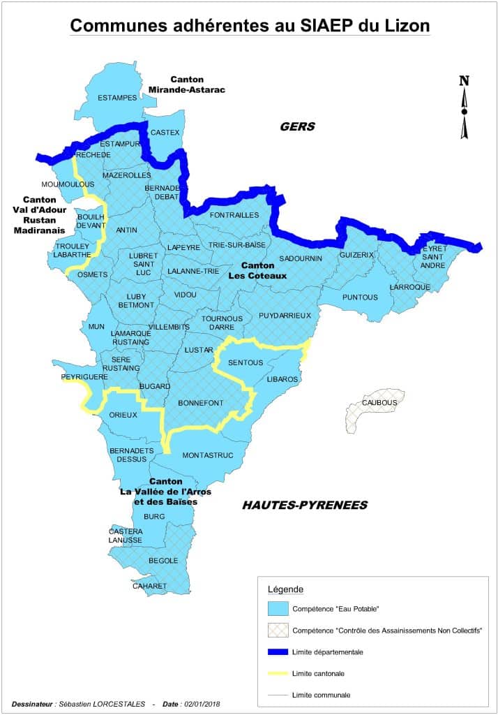 Carte des communes adhérentes au SIAEP du Lizon, à cheval sur les Hautes-Pyrénées et le Gers : en bleu la compétence eau potable, en hachuré la compétence contrôle des assainissements non collectifs.