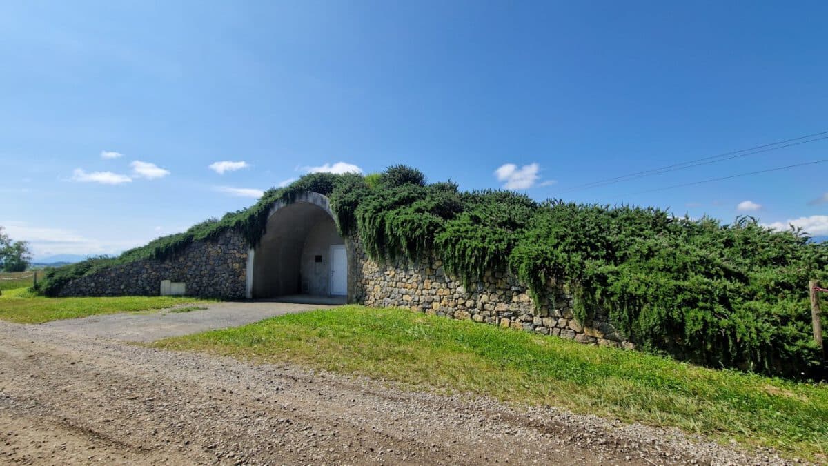 Le réservoir semi-enterré de Burg, son entrée voûtée en pierre sous un talus engazonné.