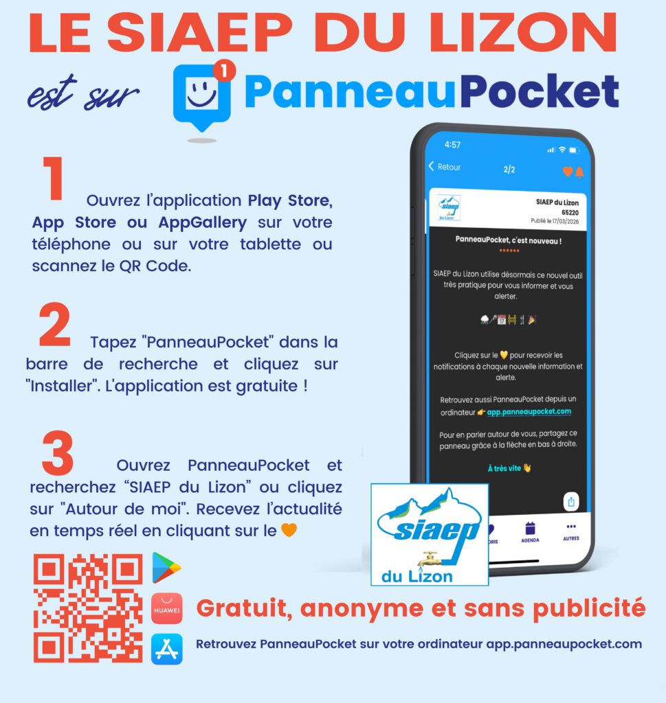 Affiche « Le SIAEP du Lizon est sur PanneauPocket » : les trois étapes pour installer l’application, et un QR code de téléchargement.